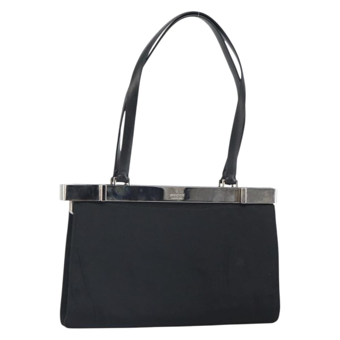 Black Nylon Shoulder Purse by Gucci Model 157510 Silver Accent: Black Nylon Shoulder Purse by Gucci Model 157510 Silver Accent This GUCCI semi shoulder bag is crafted from black nylon with silver-tone accents. Made in Italy, it features a compact design with a sin