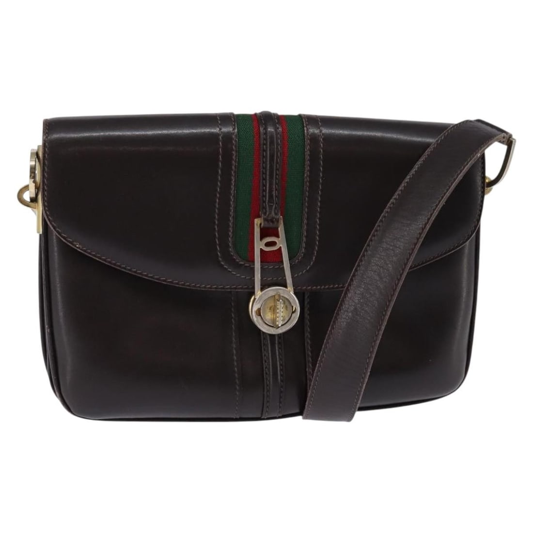 GUCCI Dark Brown Leather Shoulder Bag with Gold and Red Accents: GUCCI Dark Brown Leather Shoulder Bag with Gold and Red Accents This GUCCI Web Sherry Line Shoulder Bag is a stylish accessory crafted from high-quality leather in a sophisticated dark brown, accented