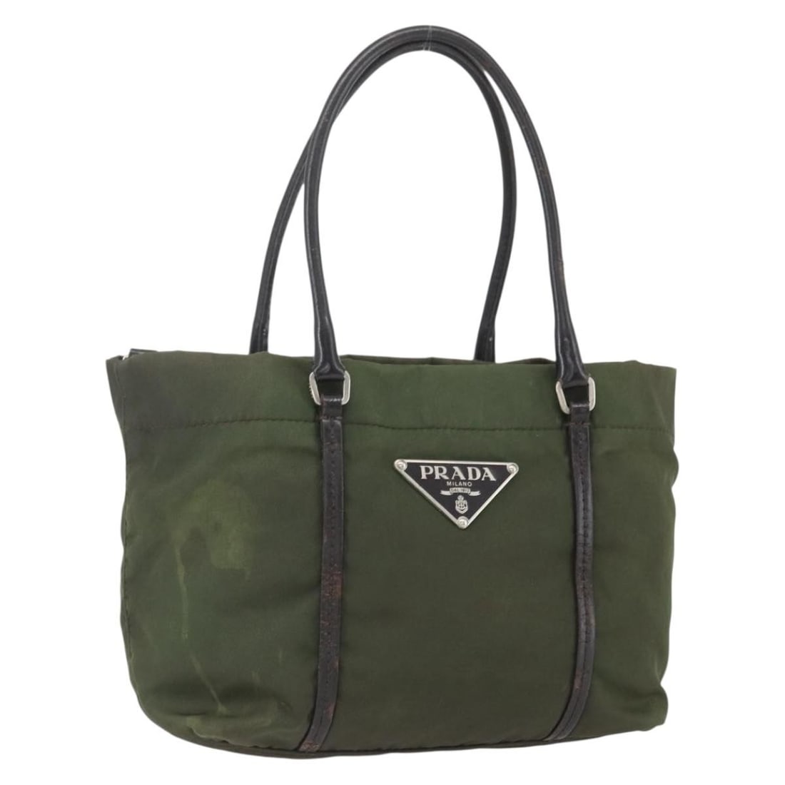 Prada Khaki Nylon Handbag with Silver Accents Made in Italy: Prada Khaki Nylon Handbag with Silver Accents Made in Italy This PRADA hand bag features a khaki nylon exterior with silver-tone details. Made in Italy, it offers a compact silhouette with a structure