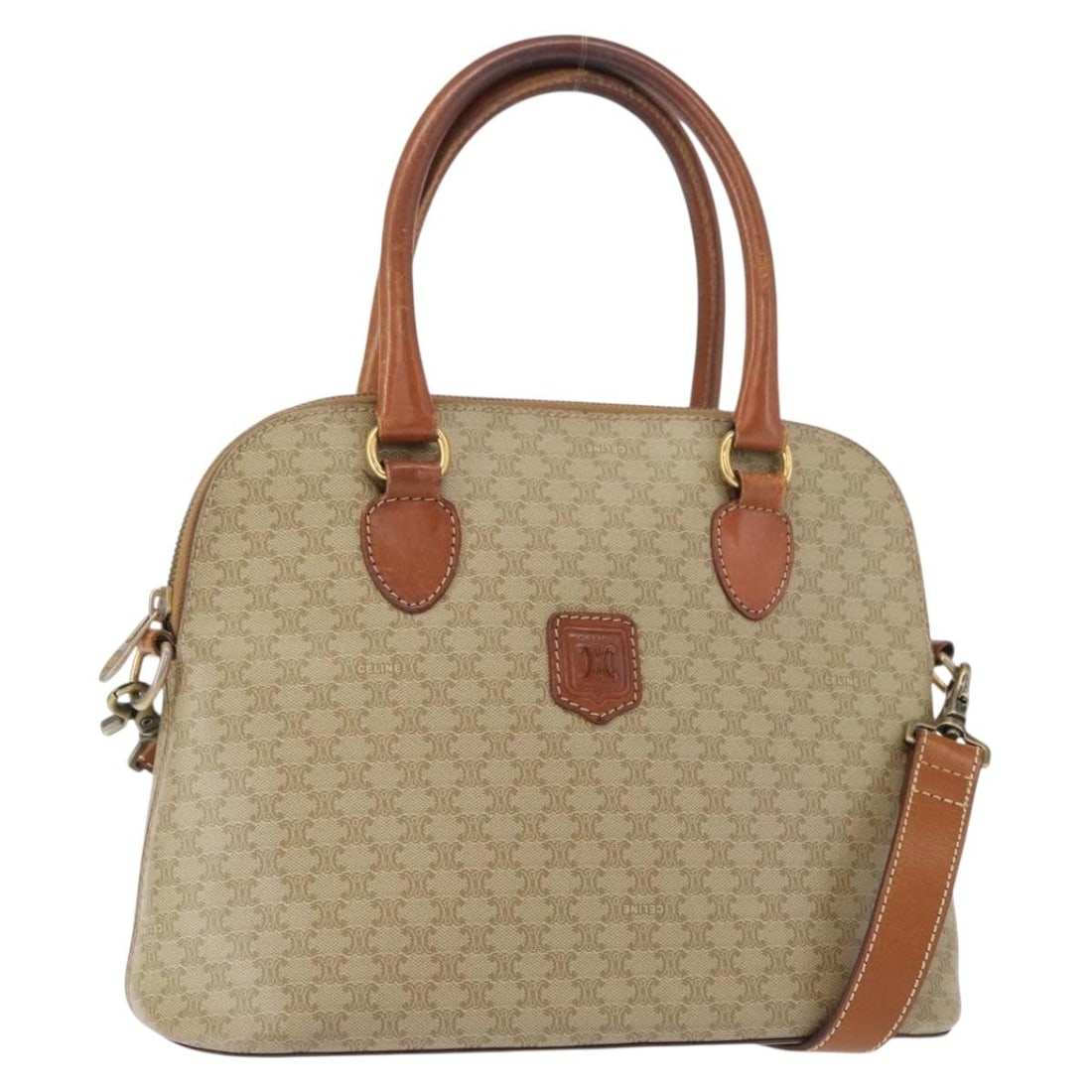 CELINE Macadam PVC Hand Bag Beige Gold Authentic 2way: CELINE Macadam PVC Hand Bag Beige Gold Authentic 2way Introducing the CELINE Macadam Canvas Hand Bag, a stylish blend of PVC leather and Macadam canvas in a chic beige and gold color combination. This