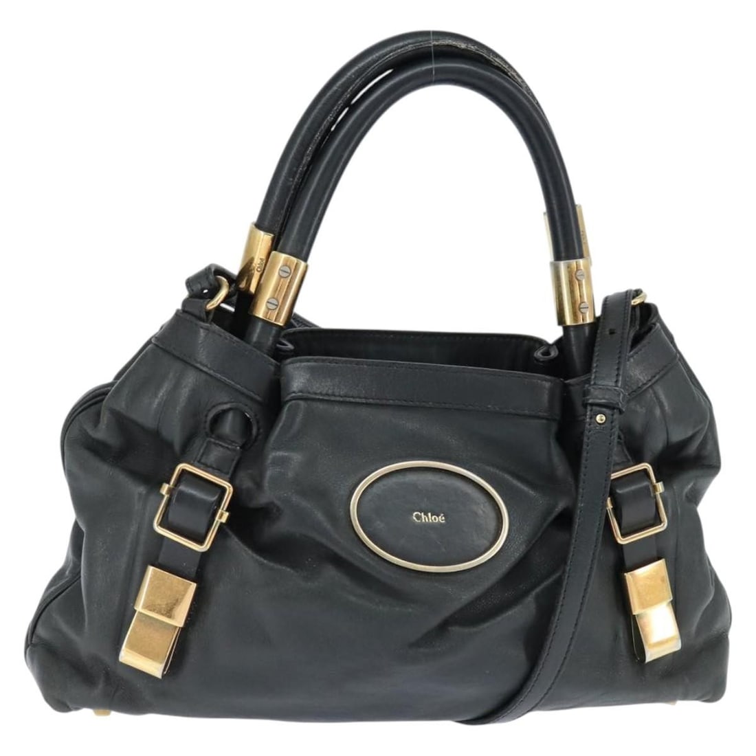 Chloe Victoria Leather Hand Bag Black Gold Auth AM9563: Chloe Victoria Leather Hand Bag Black Gold Auth AM9563 This Chloe Victoria Hand Bag is a stylish accessory crafted from high-quality leather, featuring a chic black and gold color combination. With a