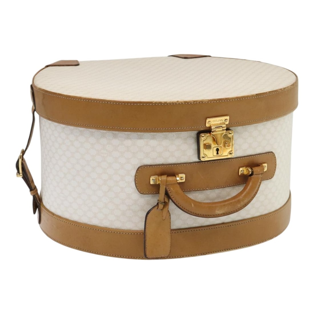 CELINE White PVC Leather Macadam Hat Trunk Case Auth 89338: CELINE White PVC Leather Macadam Hat Trunk Case Auth 89338 This CELINE Macadam Canvas Hat Case Trunk is a stylish and functional accessory crafted from durable PVC leather in a classic white color. Wi