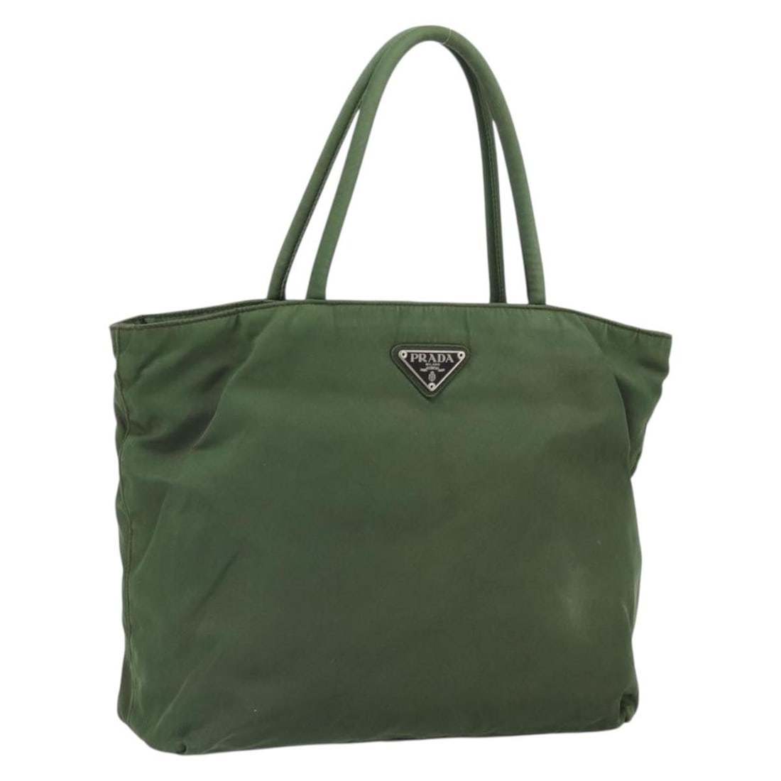 Khaki Silver Nylon Prada BA9697 Handbag from Italy: Khaki Silver Nylon Prada BA9697 Handbag from Italy This Prada hand bag features a khaki nylon exterior with silver-tone accents. Designed with practicality in mind, it offers a spacious interior and c