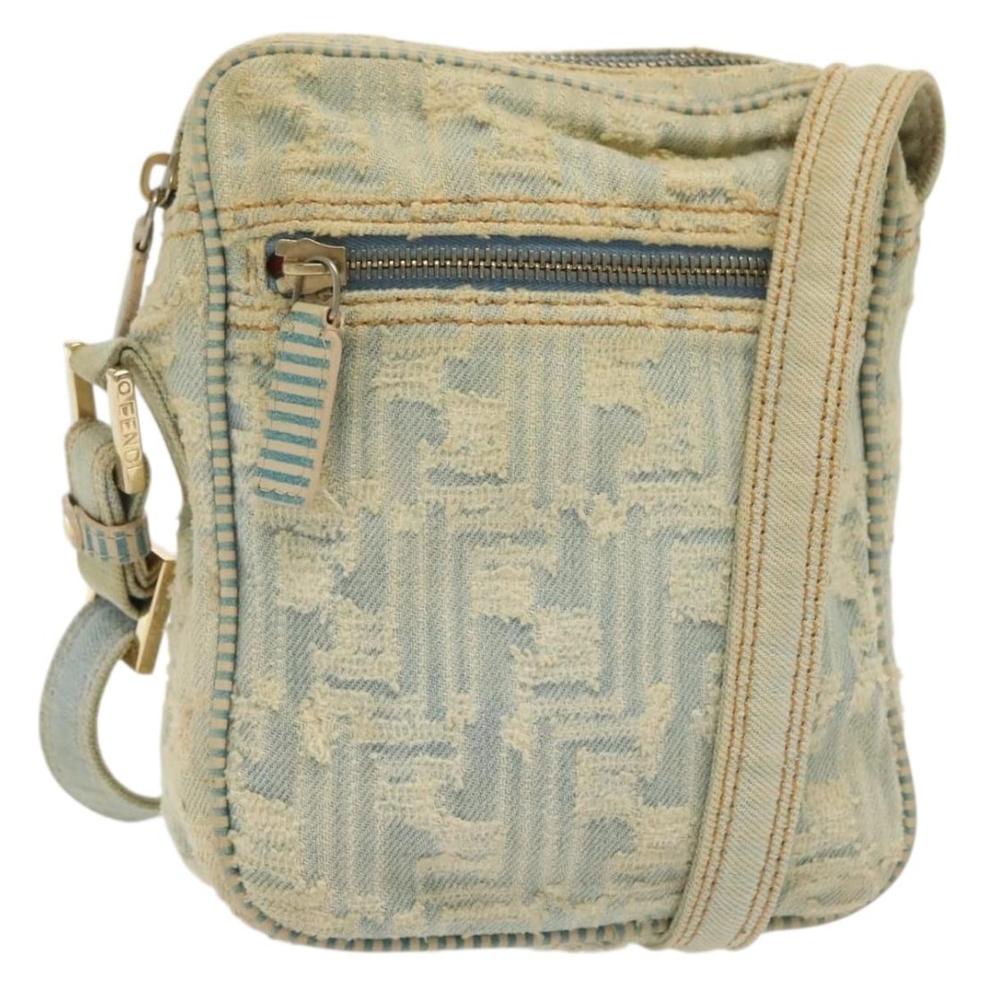 Fendi Light Blue Gold Canvas Shoulder Bag Made in Italy: Fendi Light Blue Gold Canvas Shoulder Bag Made in Italy This stylish FENDI shoulder bag features a chic light blue canvas exterior accented with gold detailing. Crafted in Italy, the bag combines func