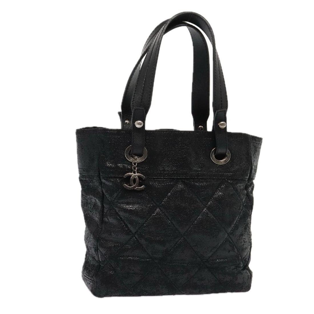 CHANEL Paris Biarritz MM Tote Bag Coated Canvas Black Silver Auth: CHANEL Paris Biarritz MM Tote Bag Coated Canvas Black Silver Auth Elevate your style with the CHANEL Paris Biarritz MM Tote Bag, expertly crafted in Italy from durable coated canvas. This chic tote fe