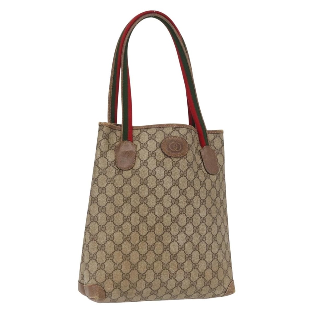 Beige PVC Leather GG Web Tote by Gucci Model 58 02 4889: Beige PVC Leather GG Web Tote by Gucci Model 58 02 4889 This is a Gucci GG Canvas Web Sherry Line tote bag crafted from beige PVC leather and GG canvas. Made in Italy, it features a spacious main comp