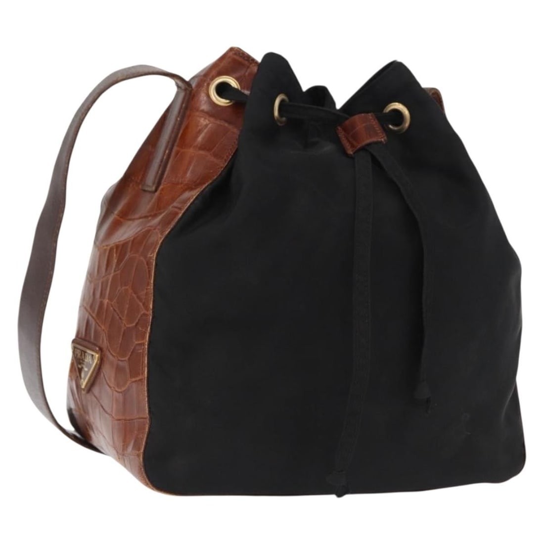 Black Nylon Shoulder Bag by PRADA with Gold Accents: Black Nylon Shoulder Bag by PRADA with Gold Accents This PRADA shoulder bag features a black nylon exterior with gold-tone accents and leather detailing. Crafted in Italy, the bag has a spacious inter