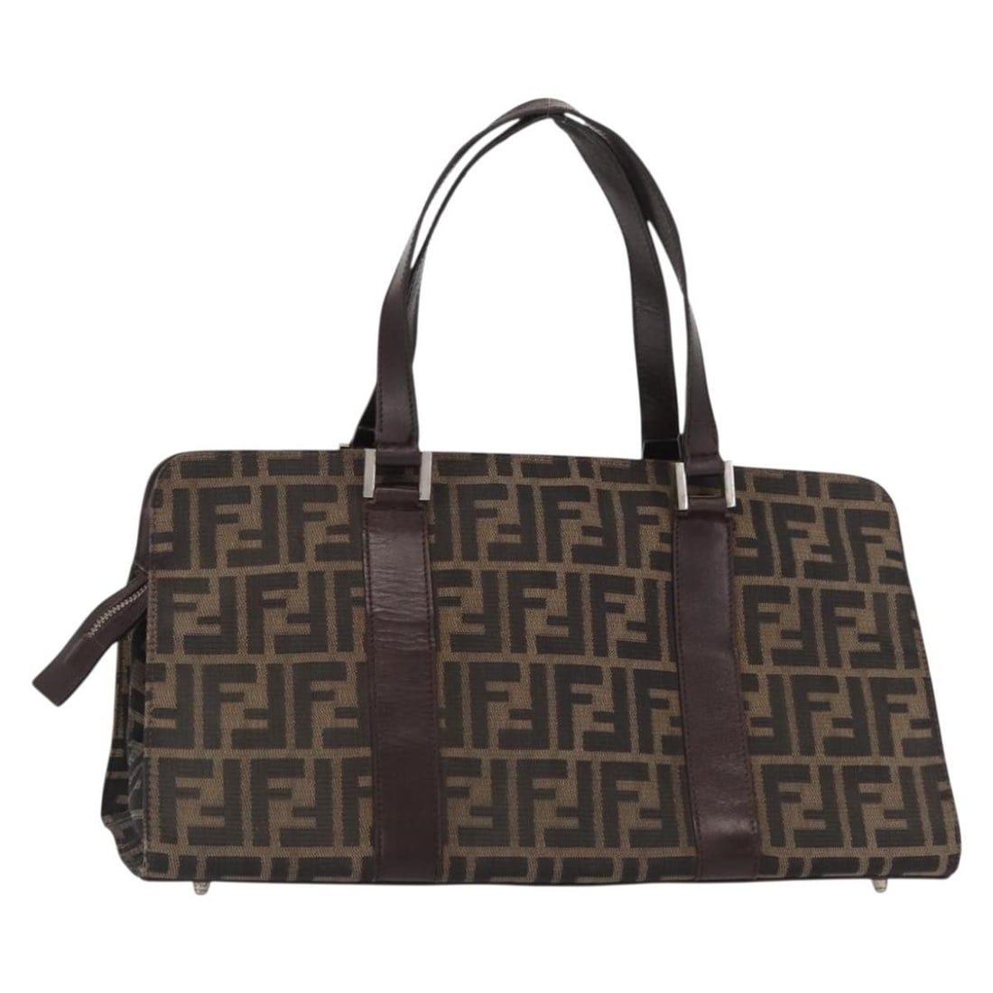 FENDI Zucca Canvas Hand Bag Black Brown Silver Italy: FENDI Zucca Canvas Hand Bag Black Brown Silver Italy This FENDI hand bag features a distinctive Zucca canvas exterior in a striking black, brown, and silver color scheme. Crafted in Italy, it measures