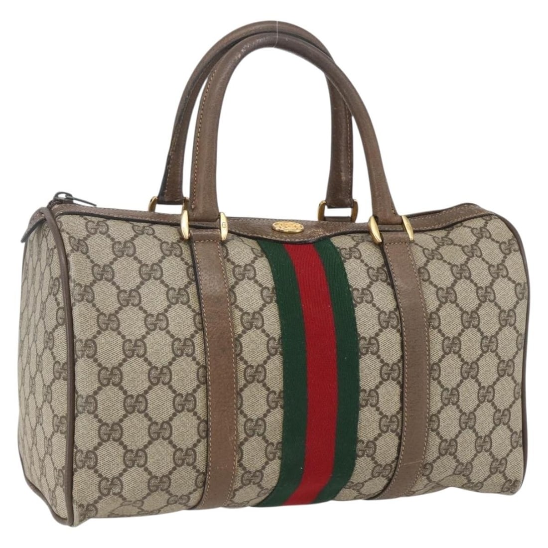 Beige GG Supreme Boston Bag by Gucci PVC Leather 39 02 007 Italy: Beige GG Supreme Boston Bag by Gucci PVC Leather 39 02 007 Italy This is a GUCCI GG Supreme Web Sherry Line Boston Bag crafted from PVC leather and GG canvas in beige and gold tones. The bag features