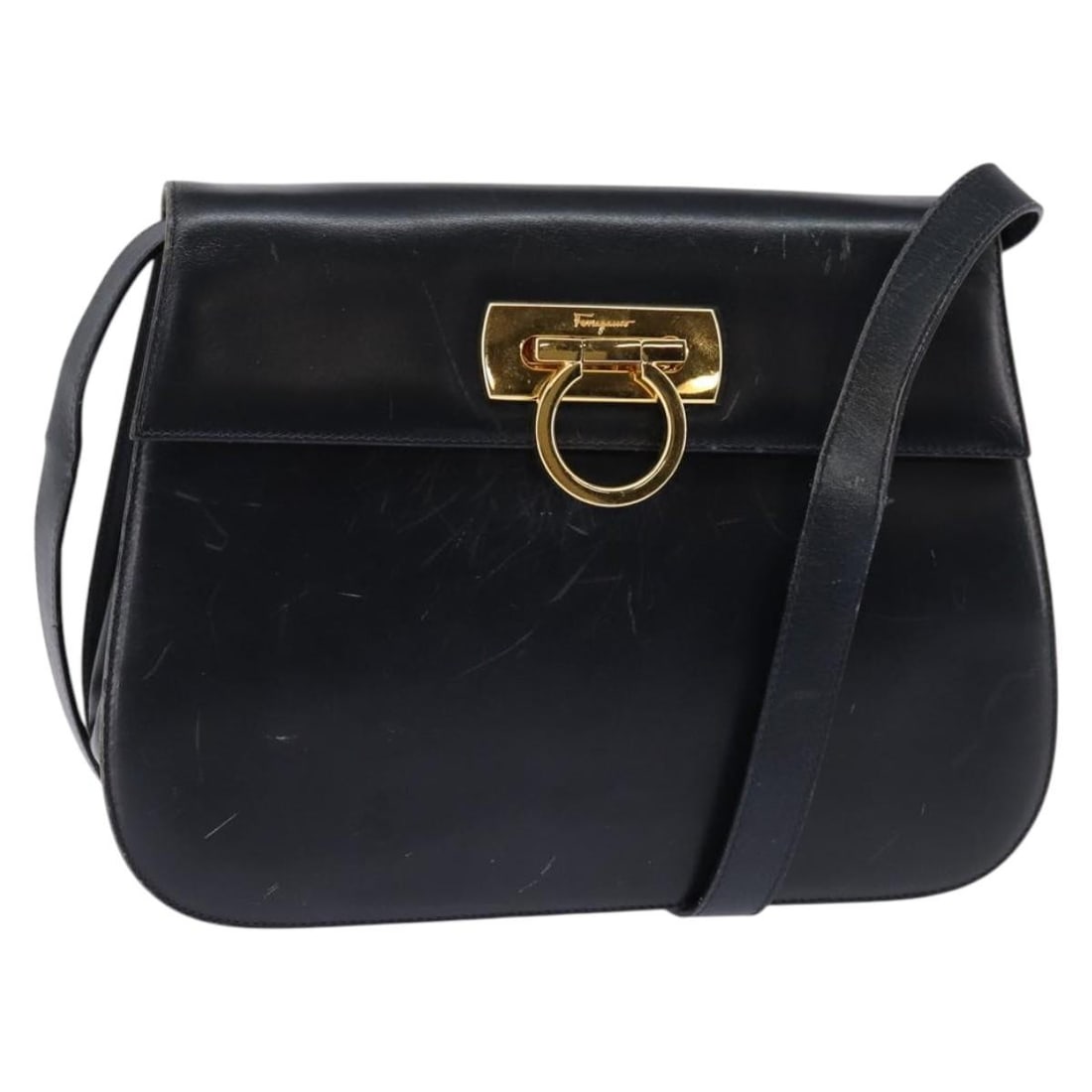 Salvatore Ferragamo Gancini Navy Leather Hand Bag Gold Accents Auth 142667 (1 of 18)