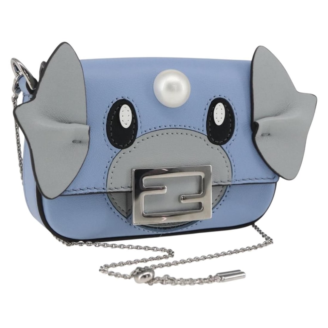 Fendi Nano Dratini Leather Chain Pouch Light Blue Shoulder Bag: Fendi Nano Dratini Leather Chain Pouch Light Blue Shoulder Bag This Fendi x Pokemon Dratini Nano Bucket Chain Shoulder Pouch features a light blue leather exterior with silver-tone accents. The compac
