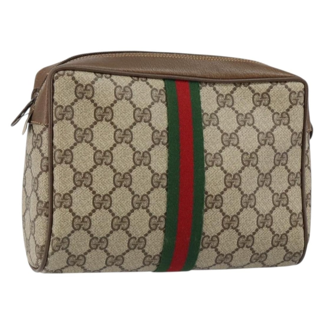 GUCCI GG Supreme Web Sherry Line Clutch Bag PVC Beige Red 89 01 012 Auth: GUCCI GG Supreme Web Sherry Line Clutch Bag PVC Beige Red 89 01 012 Auth This authentic GUCCI GG Supreme Web Sherry Line Clutch Bag is a stylish accessory crafted from durable PVC leather in a chic be