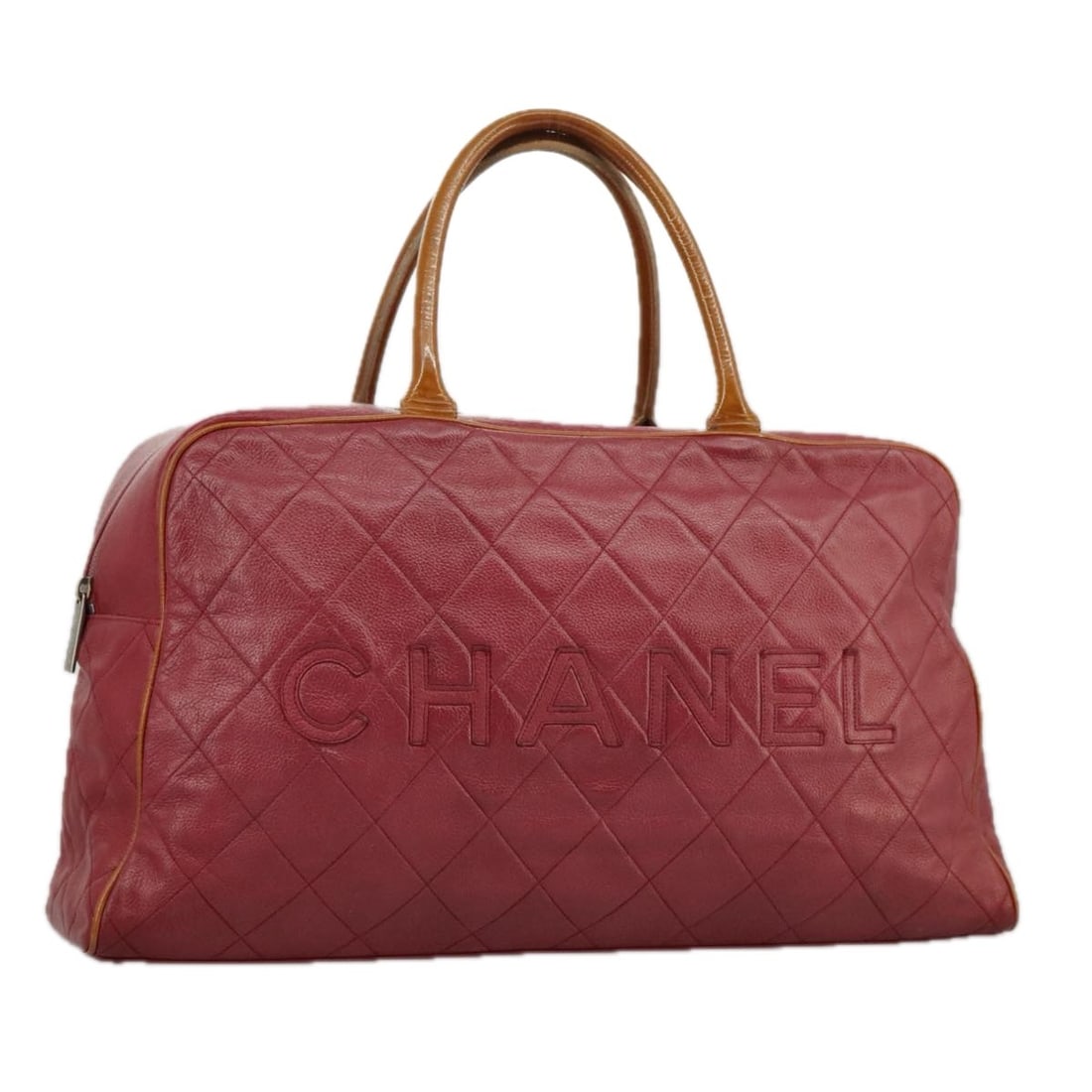 CHANEL Red Matelasse Grained Calfskin Boston Bag with Auth Card: CHANEL Red Matelasse Grained Calfskin Boston Bag with Auth Card Introducing the CHANEL Matelasse Boston Bag, a stunning accessory crafted from luxurious grained calfskin leather in a vibrant red hue.