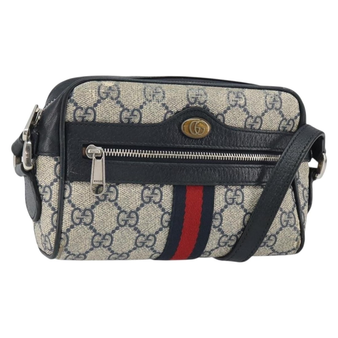 Navy PVC GUCCI Ophidia GG Supreme Sherry Line Shoulder Bag Model 517350: Navy PVC GUCCI Ophidia GG Supreme Sherry Line Shoulder Bag Model 517350 This is a GUCCI Ophidia GG Supreme Sherry Line shoulder bag crafted from PVC leather and GG canvas in navy. The bag features a c