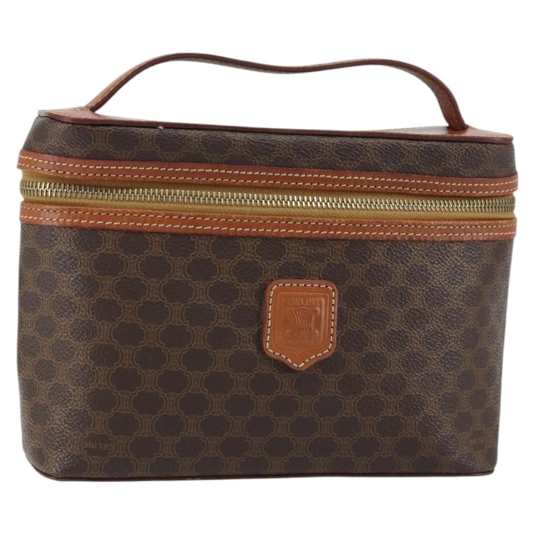 CELINE Macadam Canvas Pouch Brown Gold PVC Leather Auth 149953: CELINE Macadam Canvas Pouch Brown Gold PVC Leather Auth 149953 This authentic CELINE Macadam Canvas Vanity Pouch combines elegance with functionality. Crafted in Italy, it features a striking brown an