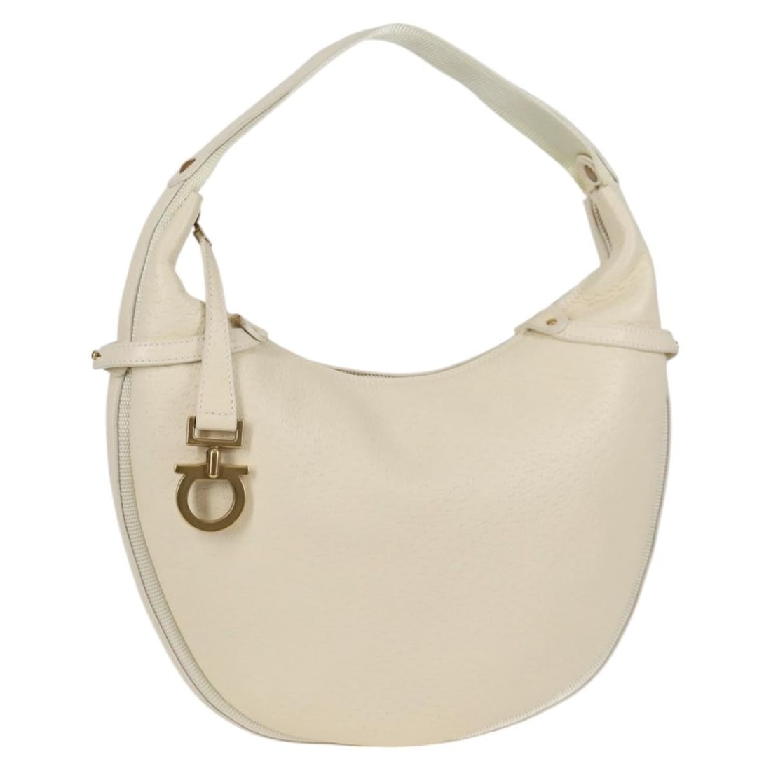 Salvatore Ferragamo Gancini Leather Hand Bag Ivory Gold Auth Italy: Salvatore Ferragamo Gancini Leather Hand Bag Ivory Gold Auth Italy This Salvatore Ferragamo Gancini Hand Bag is a sophisticated accessory crafted from high-quality leather in an elegant ivory and gold