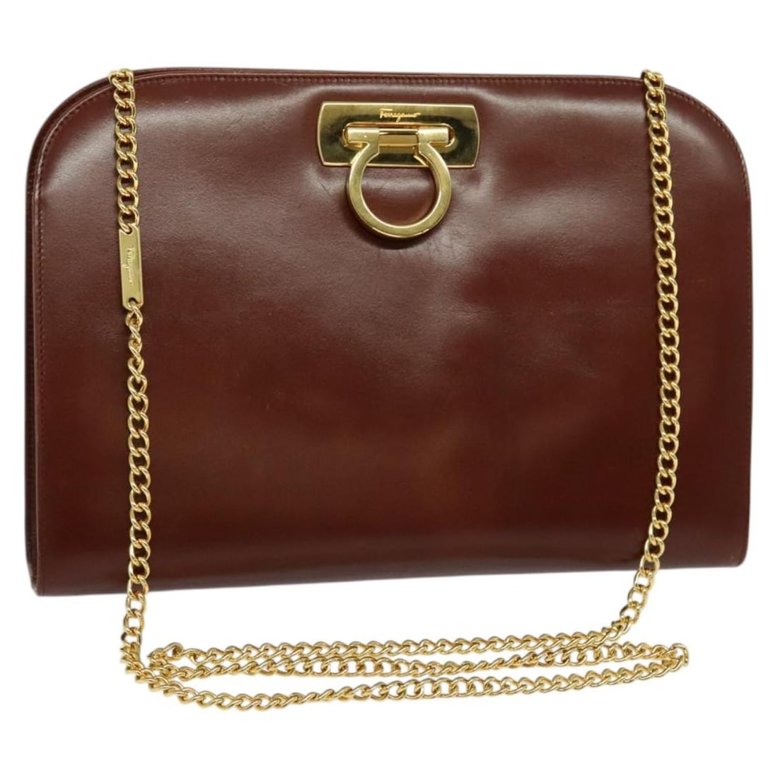 Salvatore Ferragamo Brown Gold Leather Chain Gancini Shoulder Bag Auth Italy (1 of 18)