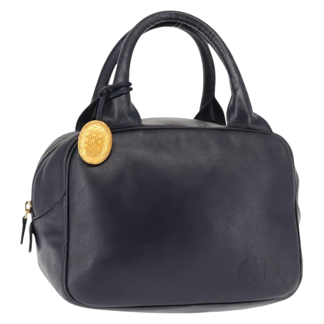 Navy Leather Christian Dior Handbag with Gold Accents Made in Italy: Navy Leather Christian Dior Handbag with Gold Accents Made in Italy This Christian Dior handbag is crafted from navy leather with gold-tone accents. The bag features a structured silhouette with a top