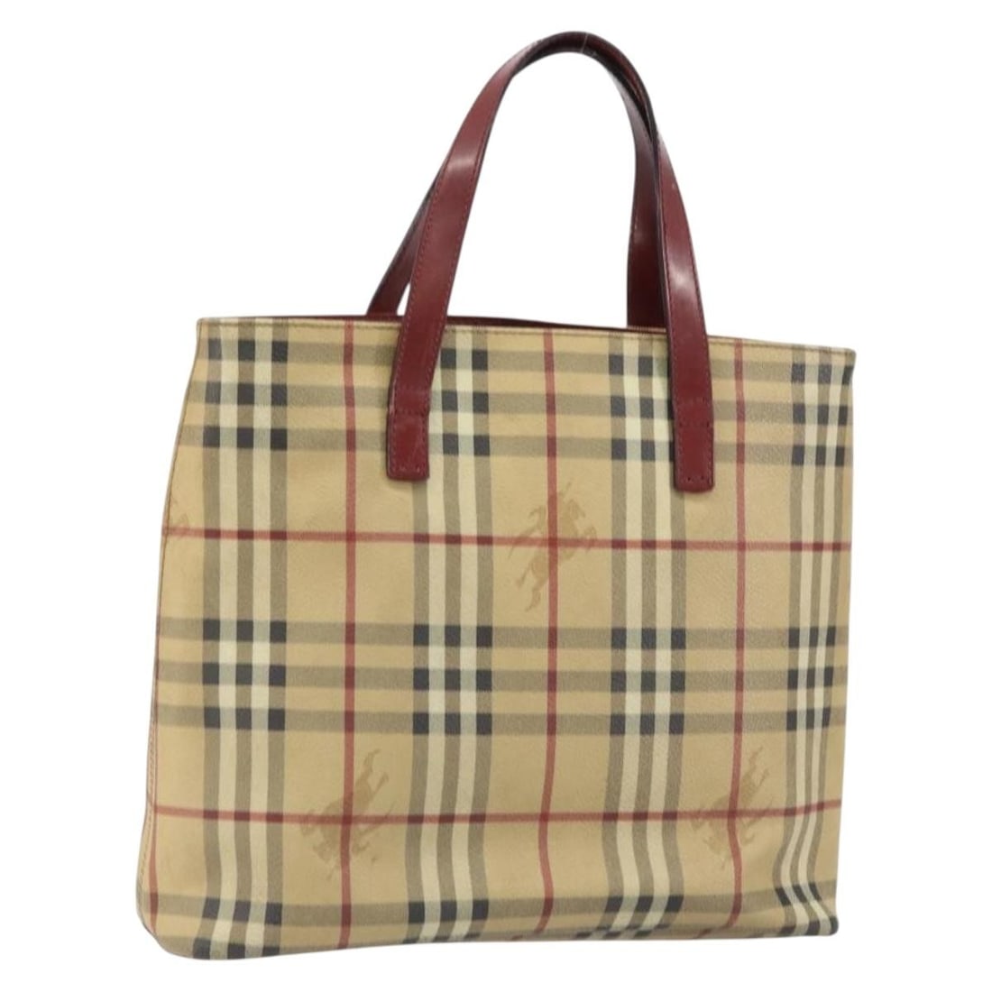 Beige PVC Nova Check Tote by Burberry with Silver Accents: Beige PVC Nova Check Tote by Burberry with Silver Accents This Burberry Nova Check tote bag features a beige and silver color scheme crafted from PVC leather. Designed in Italy, the tote includes dual