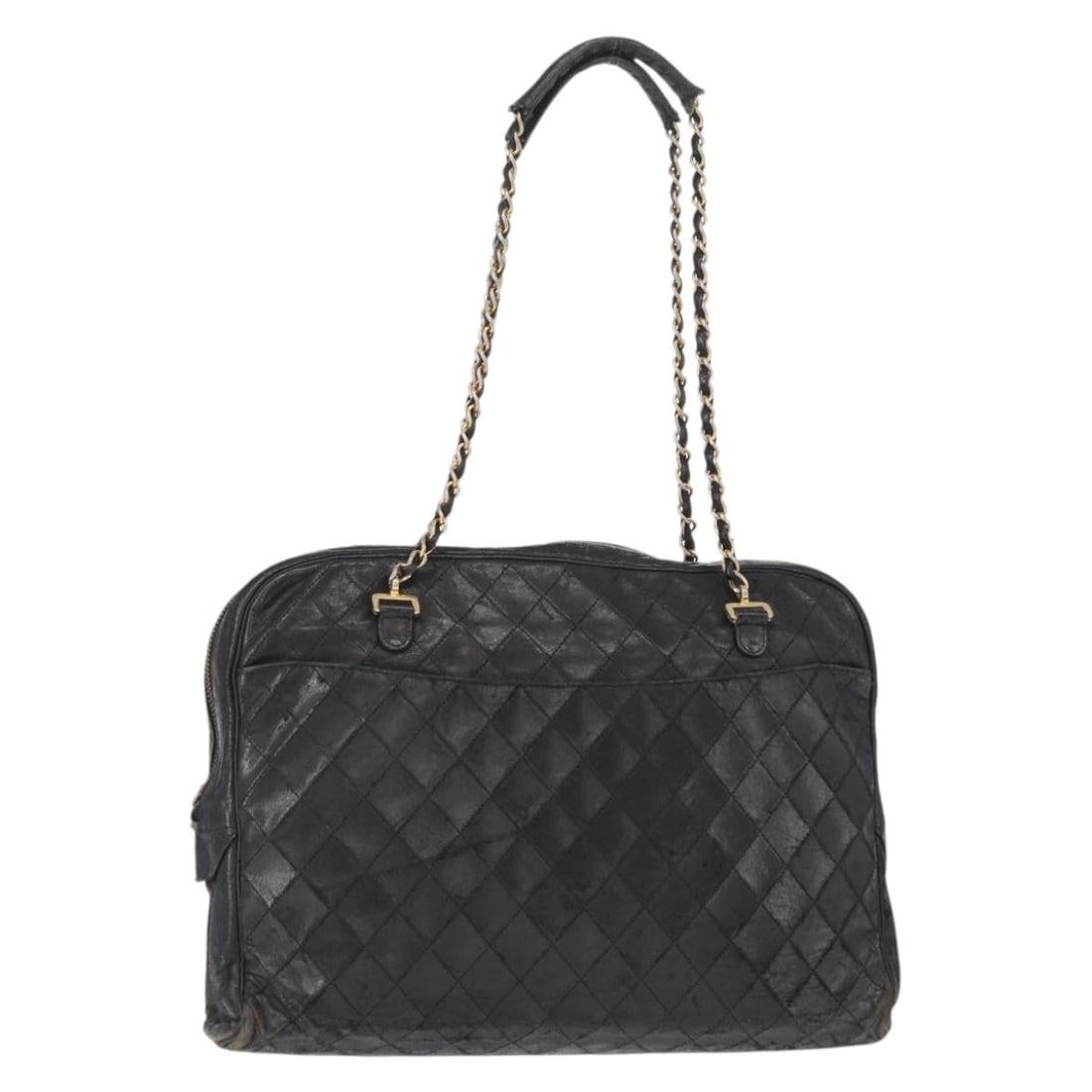 CHANEL Black Gold Lamb Skin Matelasse Shoulder Bag Auth BA7757: CHANEL Black Gold Lamb Skin Matelasse Shoulder Bag Auth BA7757 This authentic CHANEL Matelasse Chain Shoulder Bag is a stunning accessory crafted from luxurious lambskin in a classic black and gold co