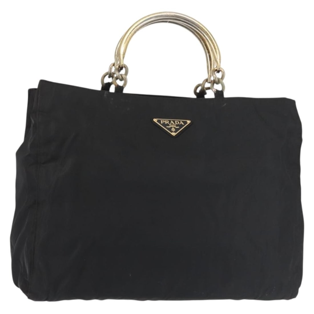 PRADA Black Gold Nylon Hand Bag Italy Auth TI3459: PRADA Black Gold Nylon Hand Bag Italy Auth TI3459 This PRADA hand bag features a stylish combination of black nylon with gold accents, making it a chic addition to any wardrobe. With dimensions of app