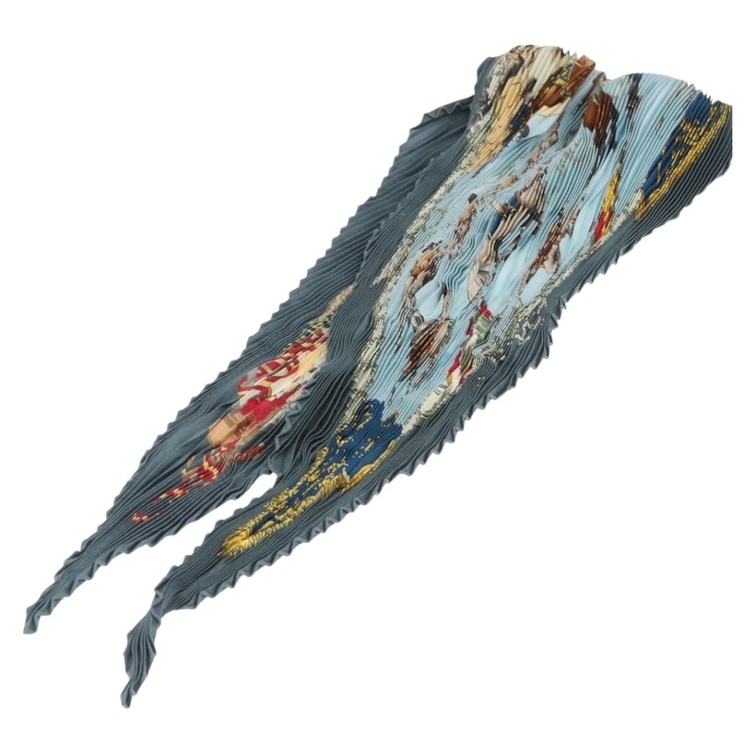 HERMES Real Escuela Andaluza del Arte Blue Silk Scarf: HERMES Real Escuela Andaluza del Arte Blue Silk Scarf This exquisite HERMES pleated scarf, titled "Real Escuela Andaluza del Arte," is a stunning piece crafted from luxurious silk. The vibrant blue co