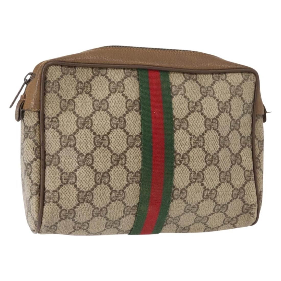 GUCCI GG Supreme Sherry Line Beige Gold Clutch Bag PVC Auth BA7455: GUCCI GG Supreme Sherry Line Beige Gold Clutch Bag PVC Auth BA7455 Elevate your style with this authentic GUCCI GG Supreme Web Sherry Line Clutch Bag, expertly crafted in Italy from durable PVC leathe