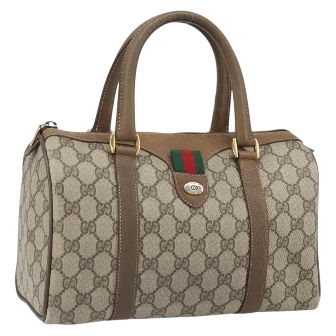 Beige GG Supreme Web Boston Bag by Gucci PVC Leather 40 02 006: Beige GG Supreme Web Boston Bag by Gucci PVC Leather 40 02 006 This is a Gucci GG Supreme Web Sherry Line Boston Bag crafted from beige and gold PVC leather with GG canvas accents. Made in Italy, the
