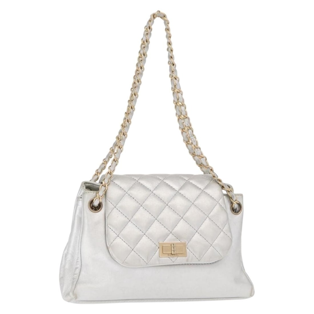Chanel 2.55 Matelasse Silver Gold Leather Shoulder Bag with Chain Strap: Chanel 2.55 Matelasse Silver Gold Leather Shoulder Bag with Chain Strap This CHANEL 2.55 Matelasse chain shoulder bag is crafted from leather in a striking silver and gold color combination. Designed