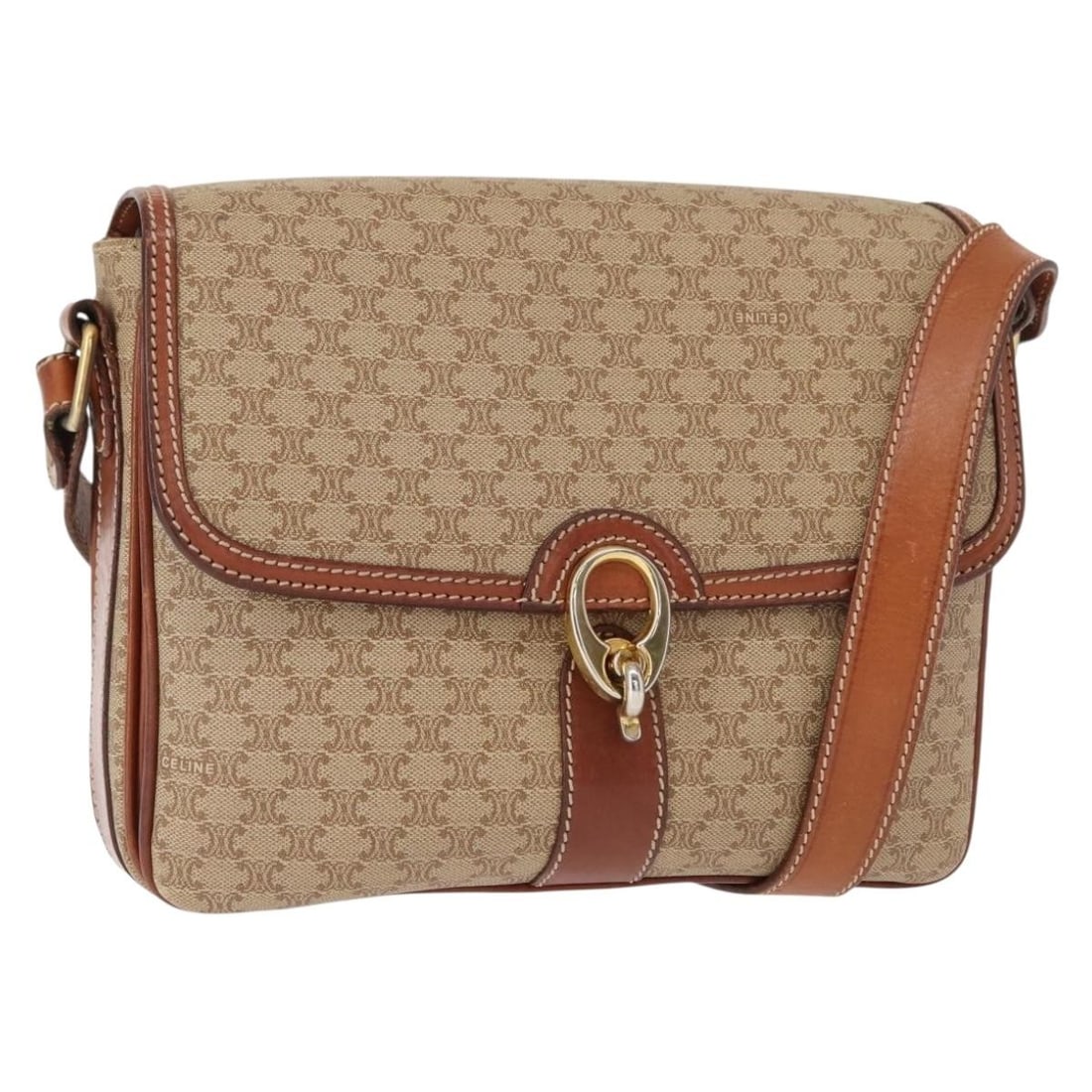 CELINE Macadam Beige Gold PVC Shoulder Bag Italy Auth: CELINE Macadam Beige Gold PVC Shoulder Bag Italy Auth This CELINE Macadam Canvas Shoulder Bag combines stylish design with practicality. Crafted in Italy, this bag features a chic exterior made of PVC