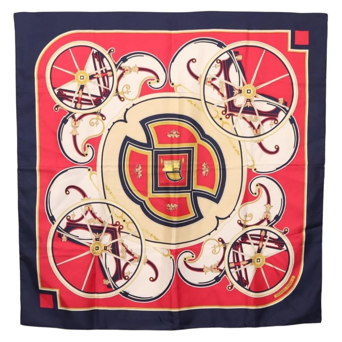 HERMES Washington's Carriage Silk Scarf Navy 90cm: HERMES Washington's Carriage Silk Scarf Navy 90cm This exquisite HERMES Carre 90 scarf, titled "WASHINGTON'S CARRIAGE," is crafted from luxurious silk and features a classic navy color. Measuring appr