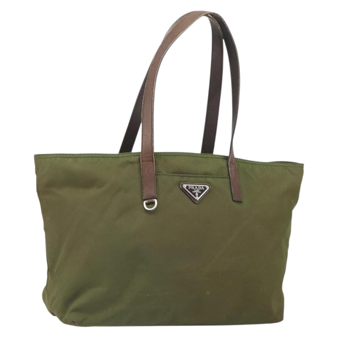 Green Nylon Prada Tote Bag with Silver Accents Made in Italy: Green Nylon Prada Tote Bag with Silver Accents Made in Italy This PRADA tote bag features a green and silver nylon exterior and is crafted in Italy. The bag is heavily used, showing signs of wear such