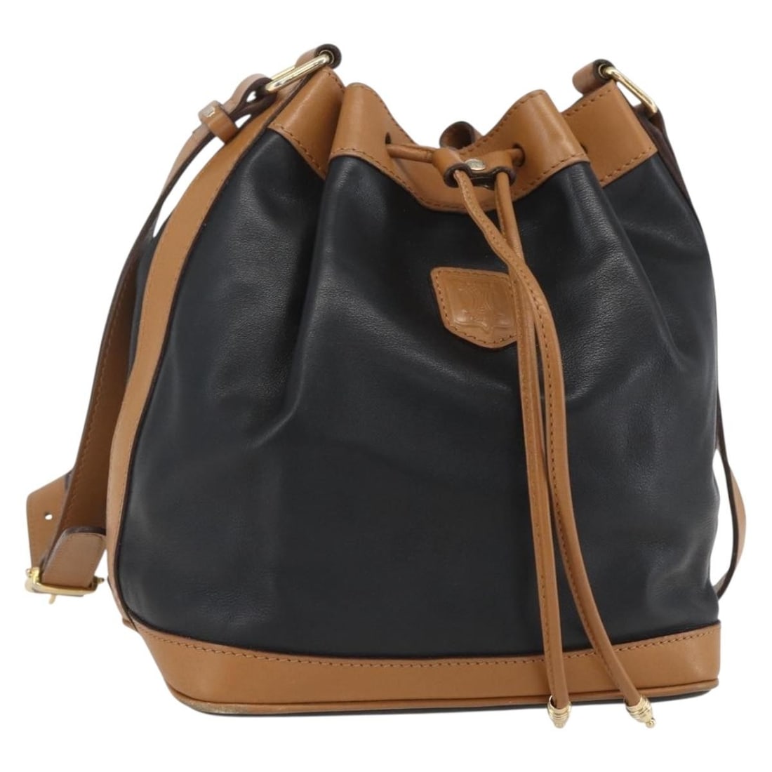 CELINE Black and Brown Leather Shoulder Bag Gold Tone Accents: CELINE Black and Brown Leather Shoulder Bag Gold Tone Accents This CELINE shoulder bag features a black and brown leather exterior with gold-tone accents. Made in Italy, it is designed with an adjusta