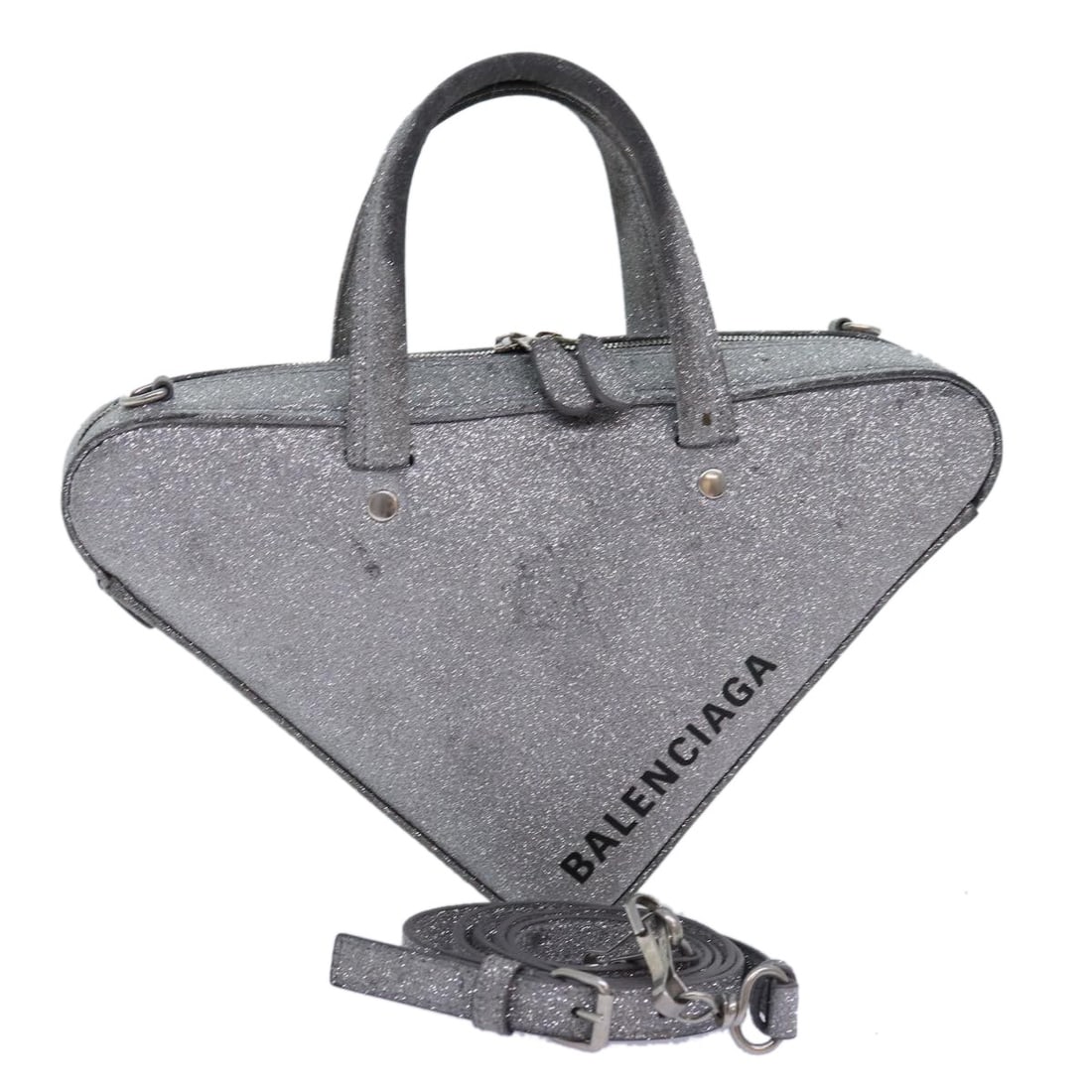 BALENCIAGA Triangle Duffle XS Silver Leather Hand Bag 531048 Auth (1 of 18)