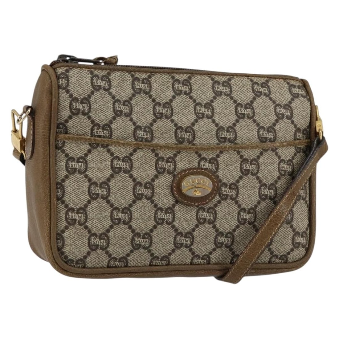 GUCCI GG Plus Supreme Beige Gold PVC Shoulder Bag Auth ka463: GUCCI GG Plus Supreme Beige Gold PVC Shoulder Bag Auth ka463 Introducing a stylish GUCCI GG Plus Supreme Shoulder Bag crafted from durable PVC leather with a chic beige and gold design. This versatile