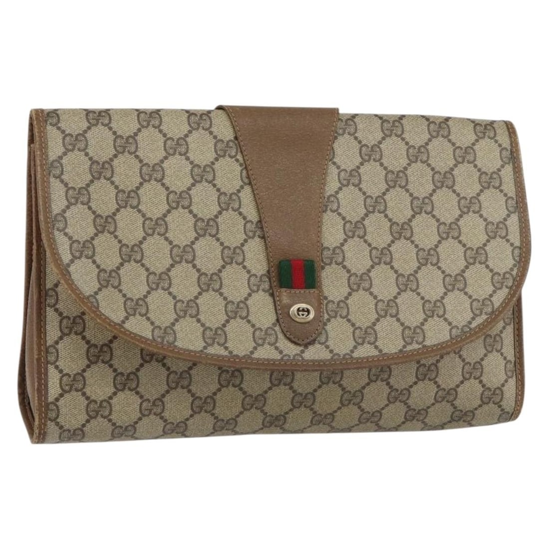 GUCCI GG Supreme Clutch Bag Beige Red PVC Authentic Italy BA8622: GUCCI GG Supreme Clutch Bag Beige Red PVC Authentic Italy BA8622 This GUCCI GG Supreme Web Sherry Line Clutch Bag is a stylish accessory crafted from PVC leather in a striking combination of beige and