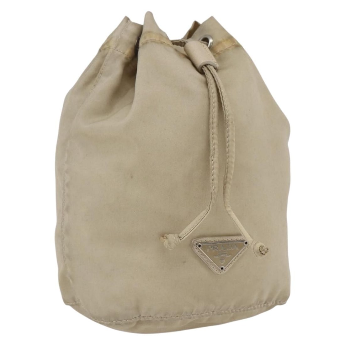 Beige Nylon Pouch by Prada Silver Accents Made in Italy: Beige Nylon Pouch by Prada Silver Accents Made in Italy This PRADA pouch is crafted from beige nylon with silver-tone accents. Made in Italy, it features a compact design ideal for organizing essentia