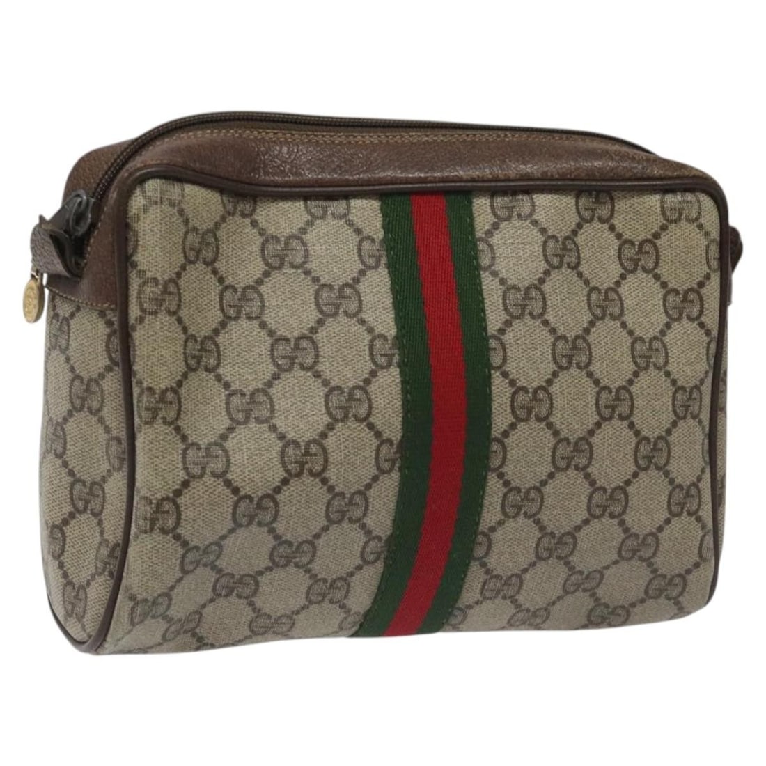 GUCCI GG Supreme Web Sherry Line Clutch Bag PVC Beige Red 56 01 012 Auth: GUCCI GG Supreme Web Sherry Line Clutch Bag PVC Beige Red 56 01 012 Auth This GUCCI GG Supreme Web Sherry Line Clutch Bag is a sophisticated accessory crafted from durable PVC leather, featuring a sty