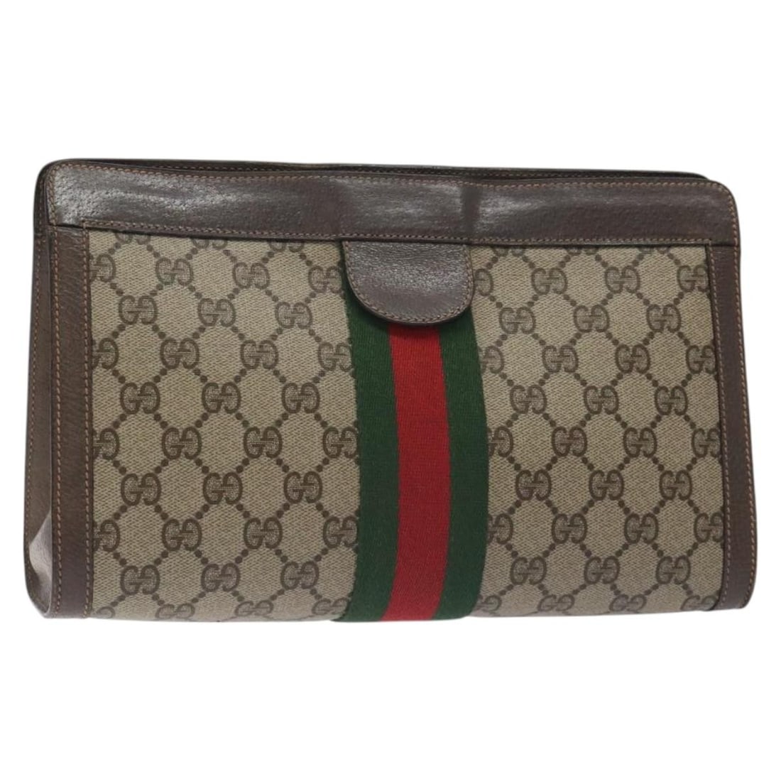 GUCCI GG Supreme Sherry Line Beige PVC Clutch Bag Italy Auth 89 01 002: GUCCI GG Supreme Sherry Line Beige PVC Clutch Bag Italy Auth 89 01 002 This GUCCI GG Supreme Web Sherry Line Clutch Bag is a stylish accessory made from durable PVC leather in a classic beige color. M