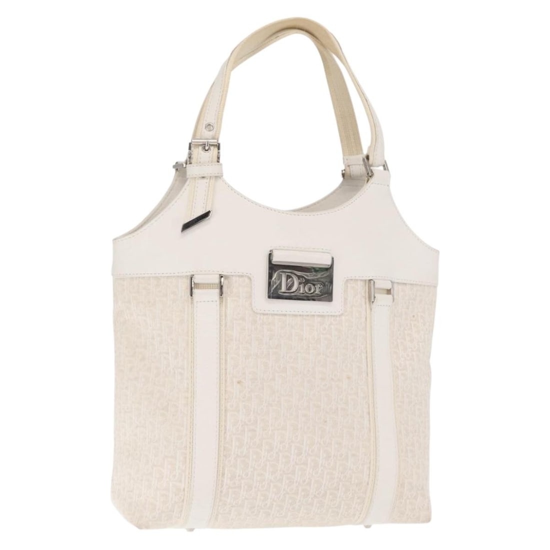 White and Silver Trotter Canvas Tote by Christian Dior: White and Silver Trotter Canvas Tote by Christian Dior This Christian Dior Trotter Canvas tote bag features a white and silver colorway and is crafted from signature Trotter canvas. Made in Italy, the