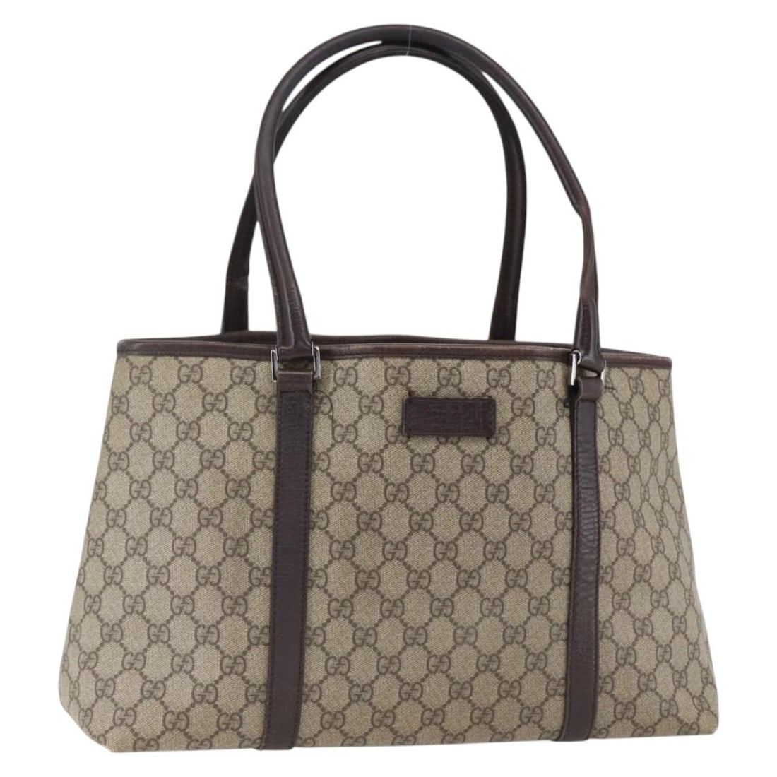 Beige Silver PVC Leather GG Supreme Tote by Gucci Model 114595: Beige Silver PVC Leather GG Supreme Tote by Gucci Model 114595 This is a Gucci GG Supreme tote bag featuring beige and silver PVC leather with GG canvas accents. The bag is made in Italy and designed