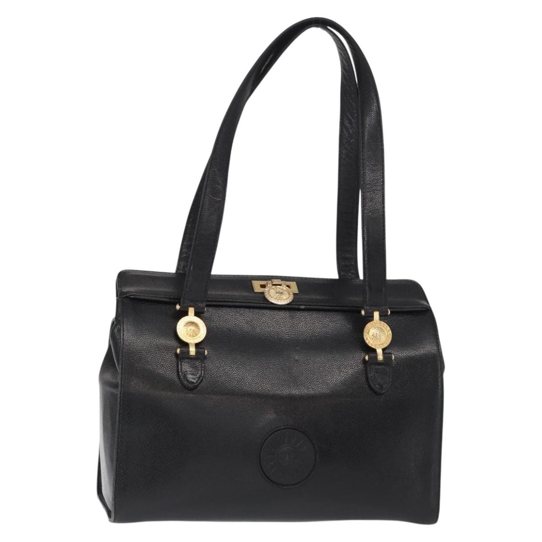 VERSACE Black Leather Tote Bag with Gold Accents BA8013: VERSACE Black Leather Tote Bag with Gold Accents BA8013 This authentic VERSACE tote bag is a stylish accessory made from high-quality black leather, accented with gold details. Designed for practicali