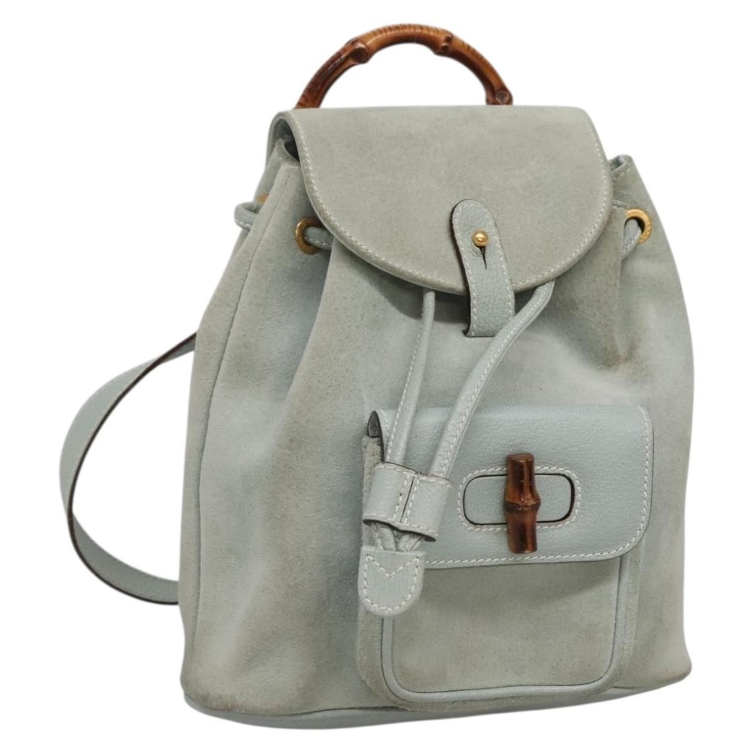 GUCCI Bamboo Suede Backpack Light Blue Gold 003 2058 0030 Authentic (1 of 18)