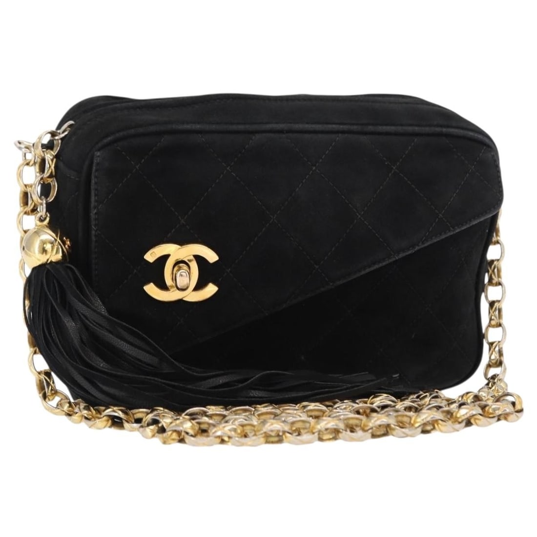 Chanel Suede Matelasse Chain Shoulder Bag with Fringe Black Gold CC Italy: Chanel Suede Matelasse Chain Shoulder Bag with Fringe Black Gold CC Italy This CHANEL Matelasse fringe chain shoulder bag is crafted from black suede and features gold-tone accents with the iconic CC