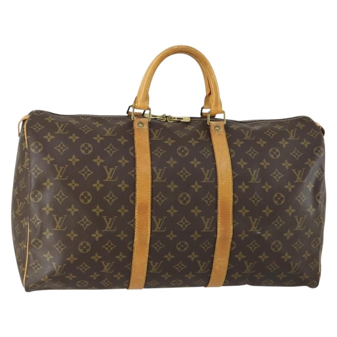 Louis Vuitton Keepall 50 Monogram Canvas Boston Travel Bag M41426: Louis Vuitton Keepall 50 Monogram Canvas Boston Travel Bag M41426 This is a Louis Vuitton Monogram Keepall 50 Boston Bag, featuring the classic monogram canvas exterior. The bag is heavily used, showi