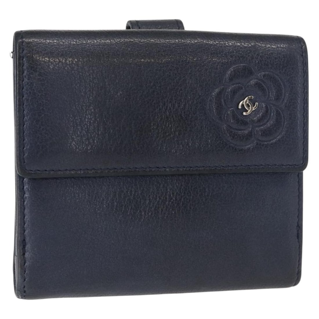 CHANEL Navy Leather Camelia Wallet with Silver CC Auth: CHANEL Navy Leather Camelia Wallet with Silver CC Auth This authentic CHANEL Camelia Wallet showcases a stylish navy leather exterior complemented by silver hardware. Crafted in Italy, this wallet fea
