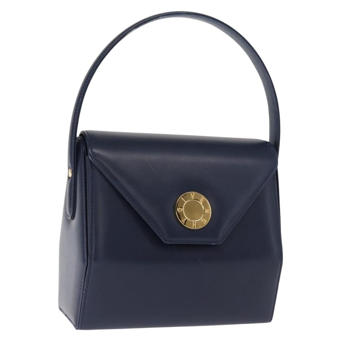 Navy Leather Givenchy Handbag with Gold Accents: Navy Leather Givenchy Handbag with Gold Accents This Givenchy hand bag features a navy and gold color scheme with a leather exterior. The bag measures approximately 7.1 inches in length, 6.3 inches in