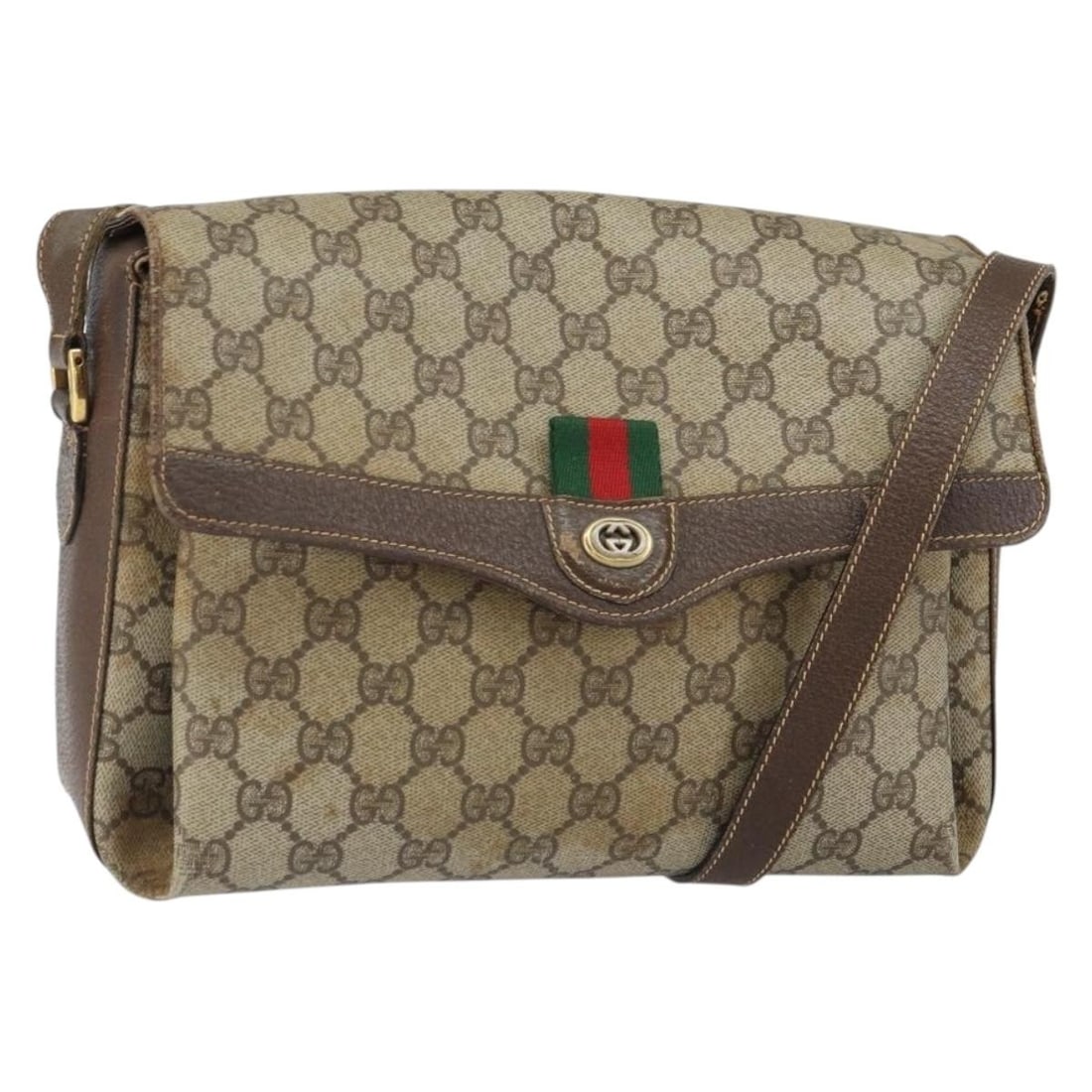Beige PVC GG Supreme Web Sherry Shoulder Bag by Gucci 904 02 084: Beige PVC GG Supreme Web Sherry Shoulder Bag by Gucci 904 02 084 This Gucci GG Supreme Web Sherry Line shoulder bag is crafted from beige and gold PVC leather with GG canvas detailing. It features a c