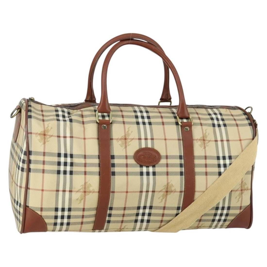 Burberrys Beige Nova Check PVC Leather Boston Bag with Shoulder Strap: Burberrys Beige Nova Check PVC Leather Boston Bag with Shoulder Strap This Burberrys Nova Check Boston Bag features a classic beige and gold color scheme with PVC leather construction. Designed in a s