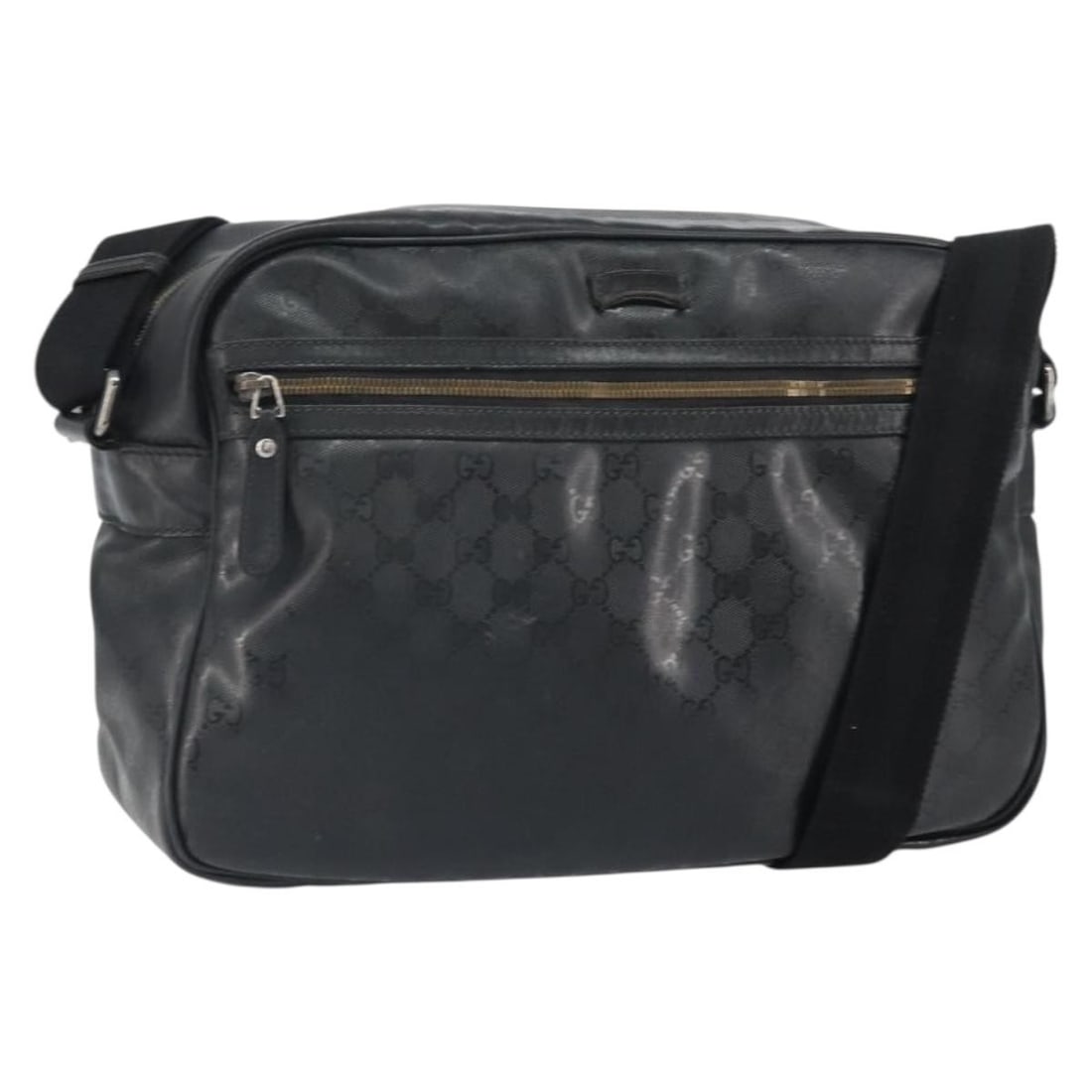 Black GG Canvas Shoulder Bag by Gucci Model 211107 Silver Tone Hardware: Black GG Canvas Shoulder Bag by Gucci Model 211107 Silver Tone Hardware This is a Gucci GG Implementation shoulder bag featuring a black and silver GG canvas exterior. The bag is made in Italy and sho